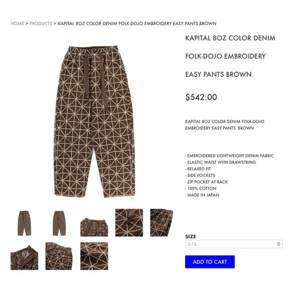 Kapital 8oz Color Denim Folk Dojo Embroidered Easy Pants Yellow 1 S - Picture 10 of 10